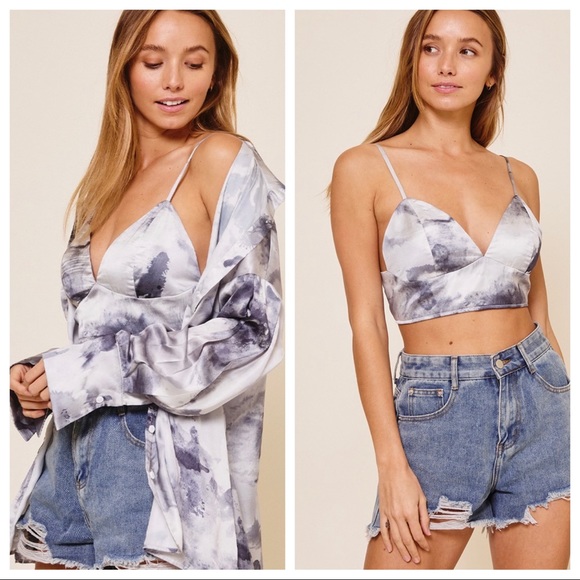 #46 Paige Tie Dye Print Boyfriend Shirt with Matching Crop Top - Picture 9 of 10